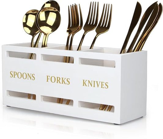 Ayiaren Wood Flatware Silverware Caddy White Cutlery Holder Kitchen Utensils Holder for Party Wooden Silverware Organizer for Countertop Knife Spoon and Fork Holder Table Utensil Caddy Organizer by Ayiaren