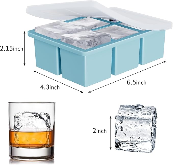 Large Ice Cube Tray for Whiskey: FDDBI Silicone Ice Cube Trays with Lid - 2Pack Big Square Old Fashioned Ice Cube Maker for Cocktail - 2inch Huge Cubed Ice Trays for Whisky - Image 5