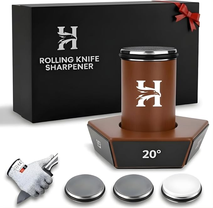 5 Angles High Carbon Stainless Steel Rolling Knife Sharpener with 400, 1000 & 3000 Replacement Discs - Blunt Knife Sharpening Kit with 12°, 15°, 17°, 19° and 22° Sharpening for Kitchen & Chef's Knives by HIBWA