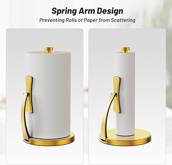 VEHHE Paper Towel Holder Countertop, Paper Towel Holder with Spring Activated Arm and Damping Effect, Simply Tear Paper Towel Stand for Bathroom and Kitchen (Gold) - Image 5