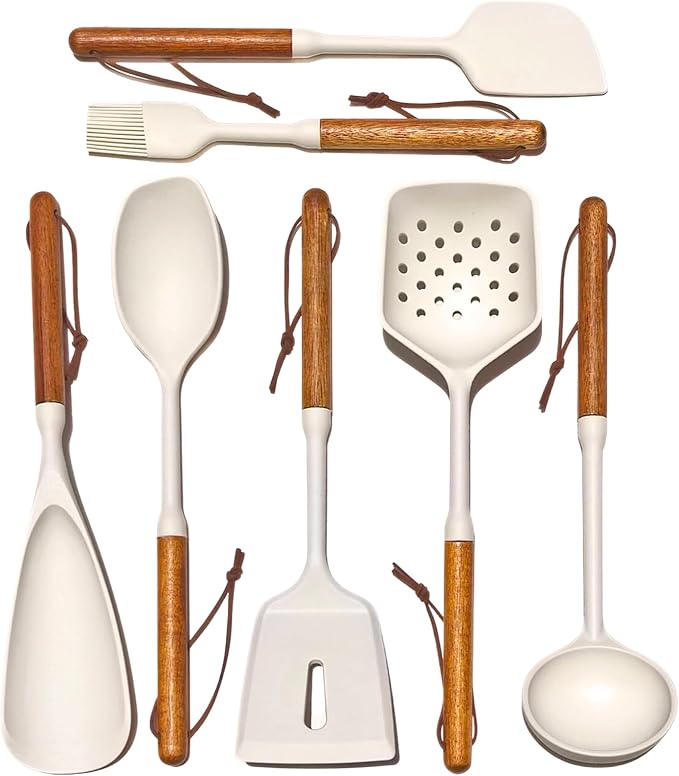 White Silicone Cooking Utensils Set, Kitchen Utensils Set 7 Pcs for cooking, Non-Toxic Spatula Set with Heat Resistant Wood Handles for Nonstick Cookware, (Cream White) by Unknown