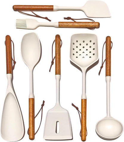 White Silicone Cooking Utensils Set, Kitchen Utensils Set 7 Pcs for cooking, Non-Toxic Spatula Set with Heat Resistant Wood Handles for Nonstick Cookware, (Cream White) by Unknown