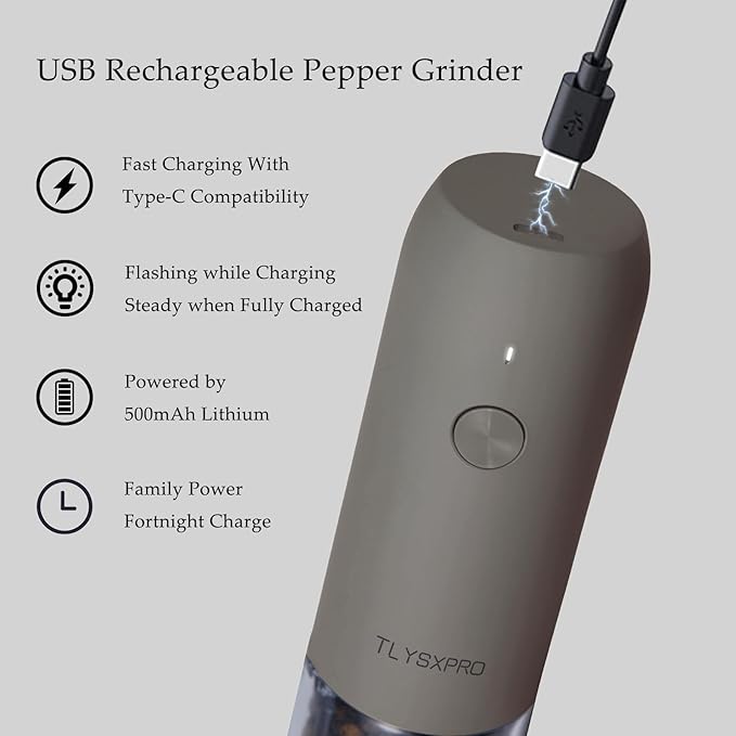 Electric Salt and Pepper Grinder Set, USB Rechargeable, Automatic Salt and Pepper Mill Grinder with Adjustable Coarseness, Electric Salt Shakers, LED Light, Refillable (2 Packs, Greige) - Image 5