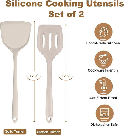 TeamFar Silicone Spatulas, Solid & Slotted Cooking Turner for Non-stick Cookware, 2pcs Kitchen Utensils for Flipping/Turning, Healthy & Seamless, Heat-Resistant & Non-Scratch, Dishwasher Safe, Khaki - Image 2