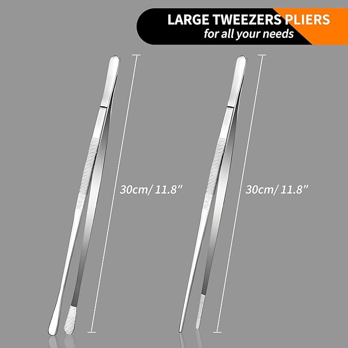 12-Inch Stainless Steel Kitchen Tongs Set, Straight & Round Edge Cooking Tweezers with Non-Slip Grip for BBQ, Grilling and Precision Cooking
