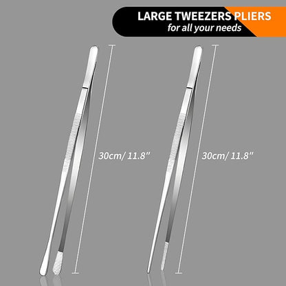 12-Inch Stainless Steel Kitchen Tongs Set, Straight & Round Edge Cooking Tweezers with Non-Slip Grip for BBQ, Grilling and Precision Cooking