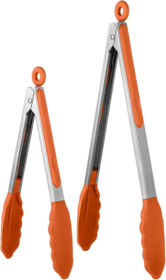 600ºF Heat Resistant Kitchen Tongs: U-Taste 9+12 inch Silicone Cooking Tong Set with Firm Sealed Non Stick Rubber Tips and Silicon Coated 18/8 Stainless Steel Handle for Serving Grilling Salad(Orange) by U-Taste