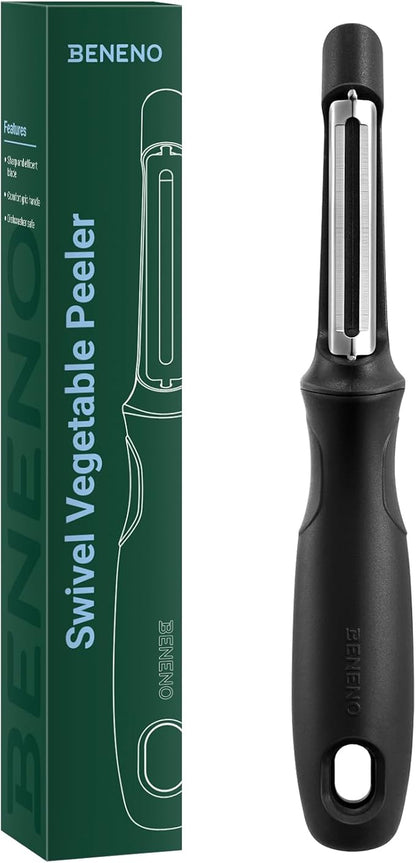 Beneno Swivel Vegetable Peeler, Razor-Sharp Smooth Peeling Potato Peelers with Stainless Steel Blades, Ergonomic Comfort Non-Slip Rubber Handle, Durable Kitchen Peelers with Potato Eye Remover, Black by Beneno