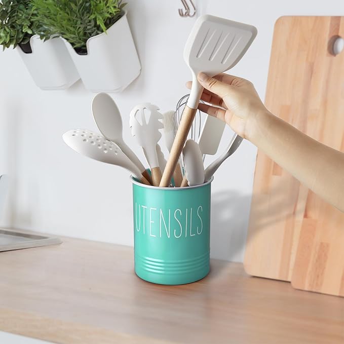 Bivvclaz Teal Kitchen Utensil Holder, 6.7" Utensil Holder for Kitchen Counter, Cooking Utensil Crock with Cork Bottom, Turquoise Decor and Accessories, Countertop Utensil Storage Caddy Organizer - Image 7