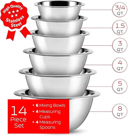 EATEX Stainless Steel Mixing Bowls with Measuring Cups & Spoons Set of 14 - Dishwasher Safe Nesting Mixing Bowl Set for Cooking, Baking & Meal Prep Non-Slip Premium Bowls - Image 2