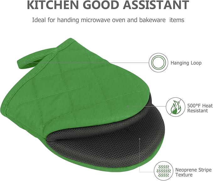 1 Pair Short Oven Mitts - Silicone Kitchen Oven Gloves High Heat Resistant 500℉, Mini Oven Mits with Non-Slip Grip Surfaces and Hanging Loop for BBQ, Baking, Cooking and Grilling (Green) - Image 4