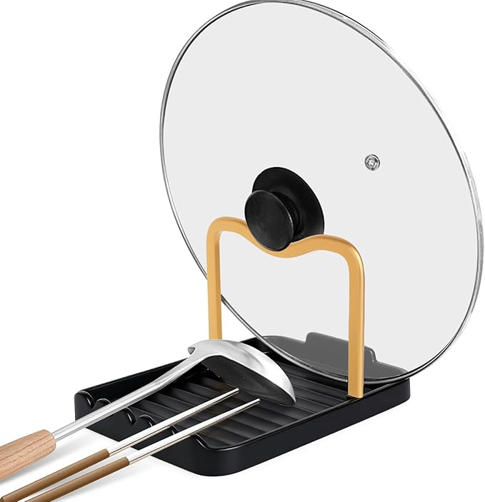 Ysks'hf spoon holder and pot lid holder，stainless steel，Kitchen Utensil Rest, scraper holder & pot holder，Spoon Holder for Stove Top - Kitchen Utensil Holder for Ladles & Tongs (Gold Black)