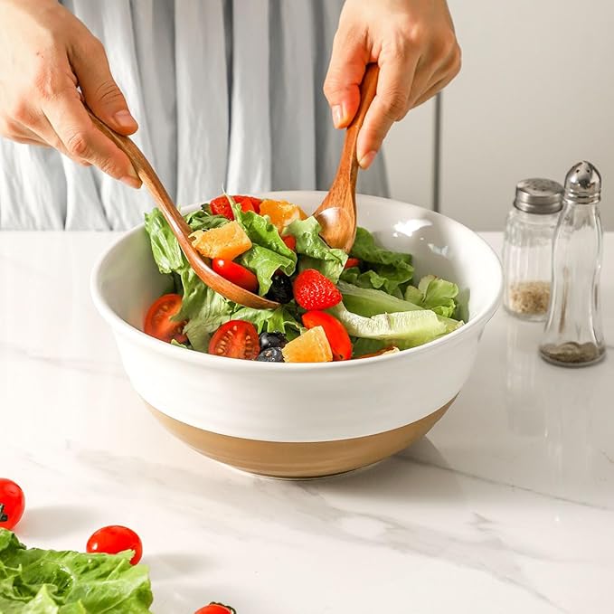 HASENSE Large Ceramic Serving Bowls Set of 2, 60 Oz 8.5 Inch White & Terracotta Stoneware Bowls, Farmhouse Bowls for Salad, Soup & Pasta, Dishwasher & Microwave Safe, Christmas Entertaining Dishes - Image 7