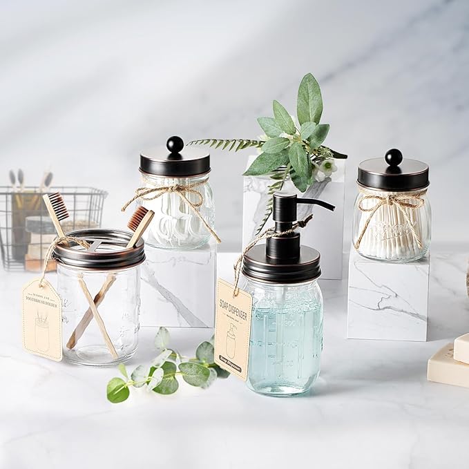 Amolliar Mason Jar Liquid Soap Dispenser, Rustproof Stainless Steel Replacement Pump Lid, Cute Farmhouse Decor for Kitchen, Bathroom, Refillable Hand Soap, Dish Soap, Lotion Soap, Rubbed Bronze-2 Pack - Image 2