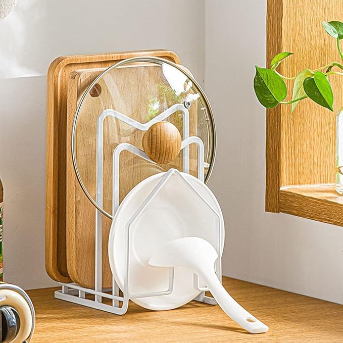 SUNFICON 2 Pack White Cutting Board Holder Rack Pot Pan Lids Holder Chopping Board Organizer Thin Bakeware Tray Dry Display Stand Kitchen Countertop Cabinet Office - Image 2