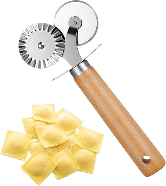 Oruola Pastry Cutter for Baking,Double Fluted Pastry Cutter Wheel,Double-Blade Pasta Cutters,Stainless Steel Double Roller Dough Cutters with Wooden Handle for Pizza,Ravioli,Cookies