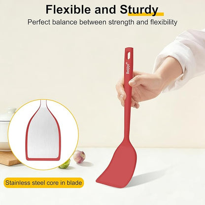 Beijiyi Silicone Spatula Set of 4, 600°F Heat Resistant, BPA Free Kitchen Spatula and Spoons for Nonstick Cookware, Solid & Slotted Turner Cooking Utensils for Serving, Flipping Egg, Pancakes (Red)
