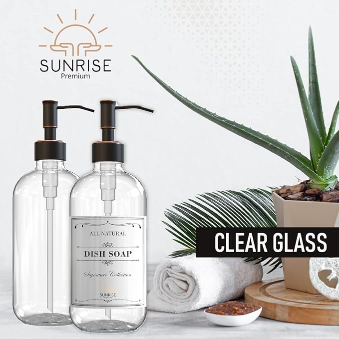 Sunrise Premium 2 Pack Clear Glass Soap Dispenser 16 OZ with Oil Rubbed Bronze Stainless Steel Pump, Hand and Dish Soap Dispenser Set for Bathroom and Kitchen Sink with 6 Waterproof Labels - Image 3