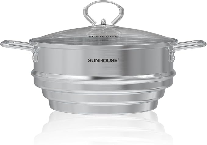 SUNHOUSE 5 Quart Stainless Steel Steamer Insert – Multi-Purpose Soup & Food Steamer with Stay-Cool Handles & Heavy-Duty Glass Lid – Fits Various Pot Sizes (8", 8.5", 9.5") by SUNHOUSE