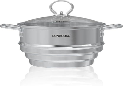 SUNHOUSE 5 Quart Stainless Steel Steamer Insert – Multi-Purpose Soup & Food Steamer with Stay-Cool Handles & Heavy-Duty Glass Lid – Fits Various Pot Sizes (8", 8.5", 9.5") by SUNHOUSE