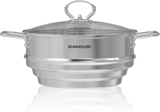 SUNHOUSE 5 Quart Stainless Steel Steamer Insert – Multi-Purpose Soup & Food Steamer with Stay-Cool Handles & Heavy-Duty Glass Lid – Fits Various Pot Sizes (8", 8.5", 9.5") by SUNHOUSE