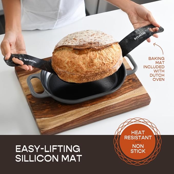 Krustic Enameled Cast Iron Dutch Oven for Professional Sourdough Bread Baking | 5.5 Quart Loaf Size Oval Cookware Pot with Lid | Triple-Layer Enamel Coating Pan with Non Stick Silicone Mat | Gray