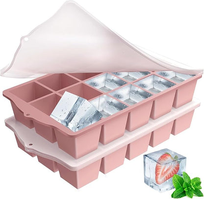 FANYITY Silicone Ice Cube Tray with Lid, Pink, Pack of 2 Ice Cube Moulds, Silicone Mould, BPA-Free, Stackable Ice Cube Tray, Ice Cube Trays for Baby Porridge, Cocktail, Whiskey, Coffee