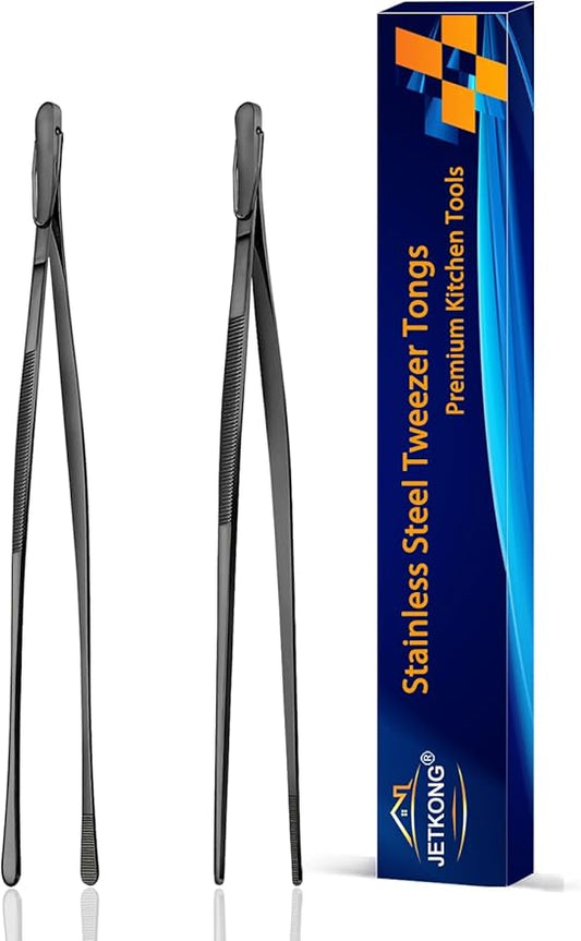JETKONG 2 Pcs 9-Inch Food Tweezer Tongs, Stainless Steel Kitchen Tweezer Cooking Tweezers (Black) by JETKONG