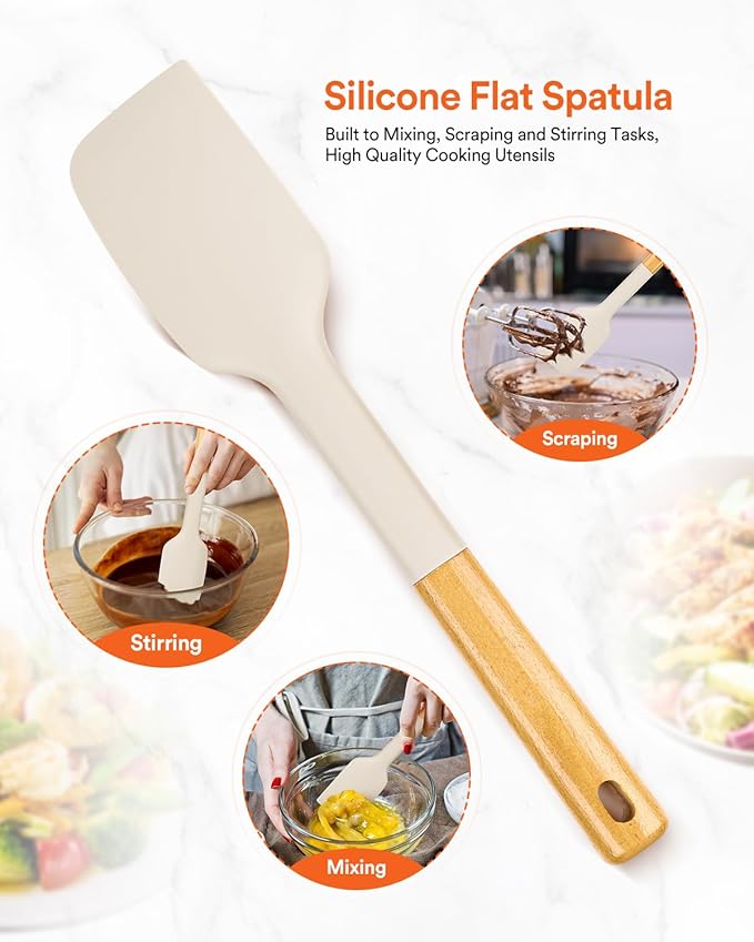 Silicone Heavy-Duty Spatula, Great For Tough Mixing And Stirring, Sturdy Bpa-Free Matte Silicone, Wooden Handle Rubber Scraper For Nonstick Cookwares (KHAKI)