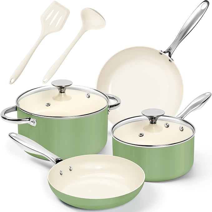 MICHELANGELO Pots and Pans Set Non Stick - Titanium Cookware Set Non Toxic Ceramic Coating, 8-Pcs Nonstick Pots and Pans with Ergonomic Handle, Dishwasher Safe & Induction Compatible, Green by Michelangelo