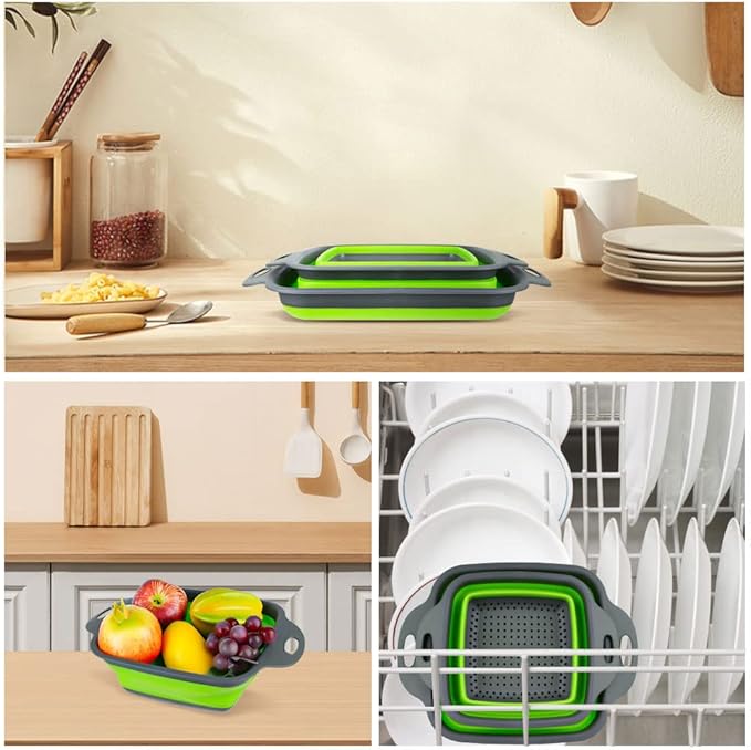 AUAUY 2 PCS Collapsible Colander Set, Square Silicone Folding Colander with Plastic Handles, Eco-Friendly Large Hole Kitchen Strainer for Draining Pasta Vegetables Fruits-1 Large and 1 Small - Image 8