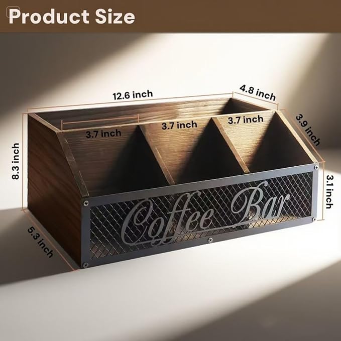 Coffee Station Organizer, Rustic Countertop Coffee Bar Accessories, 4 Compartments for Pods, Syrup, Stirrer, Tea Bags - Coffee Condiment Station Storage for Home and Office-Vintage Brown - Image 2