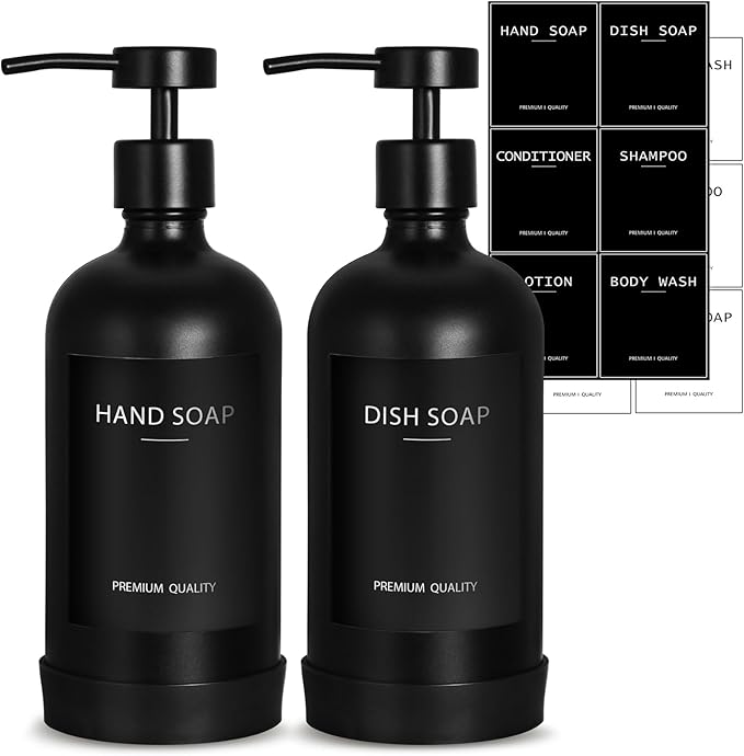 Black Glass Soap Dispenser with Stainless Steel Pump, 16.9 Fl oz Soap Dispenser Set for Kitchen, Matte Black Hand Dish Soap Dispensers for Kitchen and Bathroom, Lotion Dispenser Bathroom Decor by RYTOXILOBrightenUpYourHome