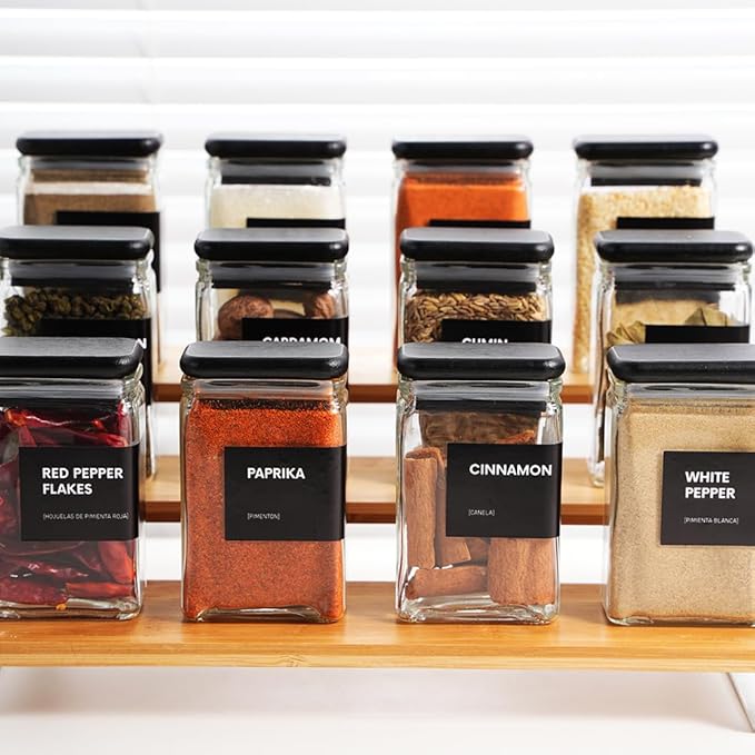 APT 1101 Glass Storage Jars with Bamboo Lid, glass canisters with airtight lids, Clear jars with lids for Spice, Cookie, Candy, Tea, Coffee Bean and Rice (Black, Spice Jar Set (4 oz, set of 12)) - Image 8
