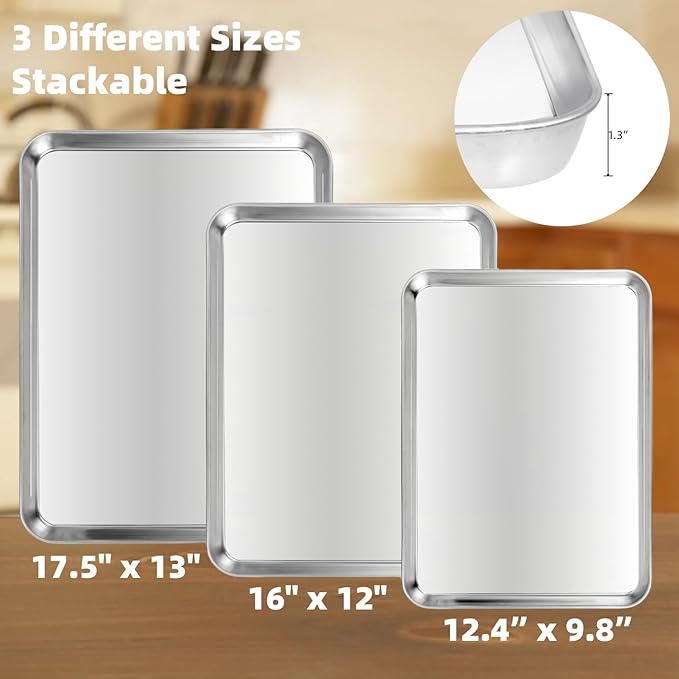 Baking Sheet Set of 3, Heavy-Duty Stainless-Steel Baking Pans, Cookie Sheets Cooking Trays for Oven, 3 Different Sizes (12/16/17.5 Inch) - Image 2