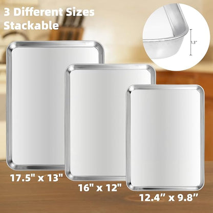Baking Sheet Set of 3, Heavy-Duty Stainless-Steel Baking Pans, Cookie Sheets Cooking Trays for Oven, 3 Different Sizes (12/16/17.5 Inch) - Image 2