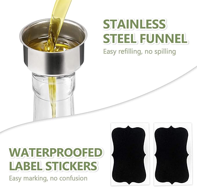 Leaflai 17oz Olive Oil Dispenser Bottle, 500ml Oil & Vinegar Cruet with 2 Stainless Steel Pourers, 2 Labels,1 Brush and 1 Funnel for Kitchen - Image 5