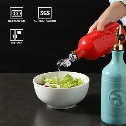 Sweejar 16 Oz Ceramic Olive Oil Dispenser Bottle, Oil Dispenser for Kitchen with Gravity Spout, Relief Opaque Oil Container for Evoo, Avocado Oil, Vinegar, Soy Sauce, 1 Pack(Red, Silver Spout) - Image 3