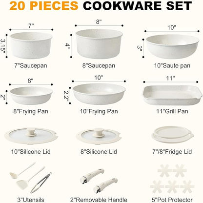Pots and Pans Set Non Stick 20PCS, Ceramic Cookware Set Detachable Handle Non Toxic Stackable Kithchen Set, Dishwasher Oven Safe Induction Compatiable Frying Pans Pots Skillets, White - Image 8