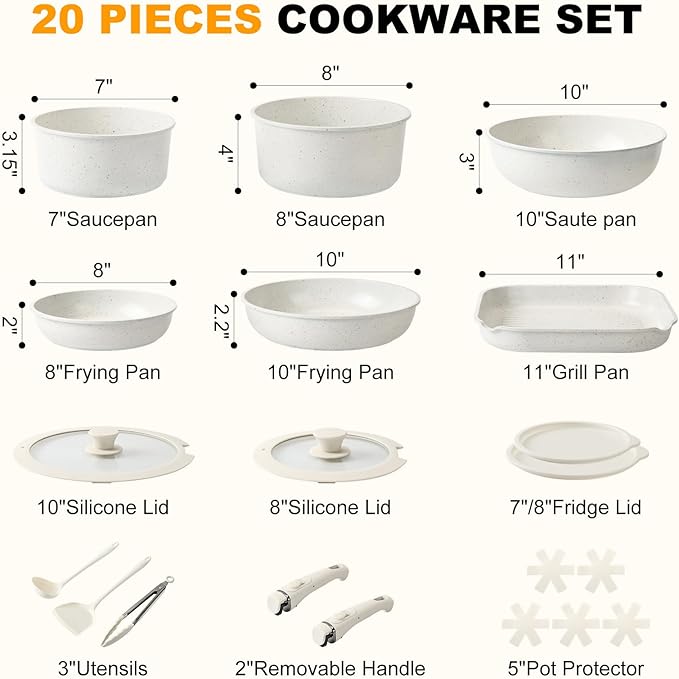 20-Piece Ceramic Nonstick Cookware Set – Induction Compatible, Non-Toxic Pots & Pans with Removable Handles, Dishwasher & Oven Safe Stackable RV/Camping Cookware Cream White - Image 2