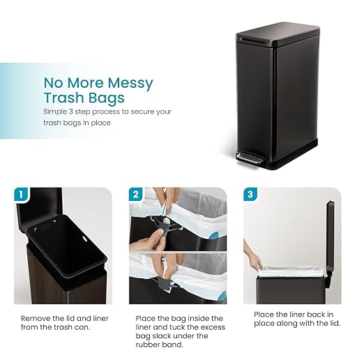 Home Zone Living 12 Gallon Slim Kitchen Trash Can with Soft Close Lid, Step Pedal, Bag Tuck Band, and Removable Liner, Stainless Steel, Black - Image 5