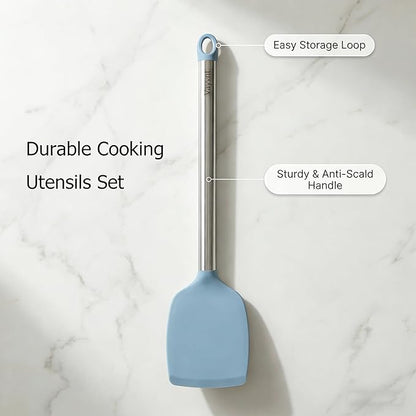 Vayvnt 4PCS Kitchen Utensils Set, Heat Resistant Silicone Utensils Set for Cooking, Non Scratch Spatula Spoons for Non Stick Pan, Large Kitchen Cooking Tools, Metal Long Handle&Dishwasher Safe, Blue