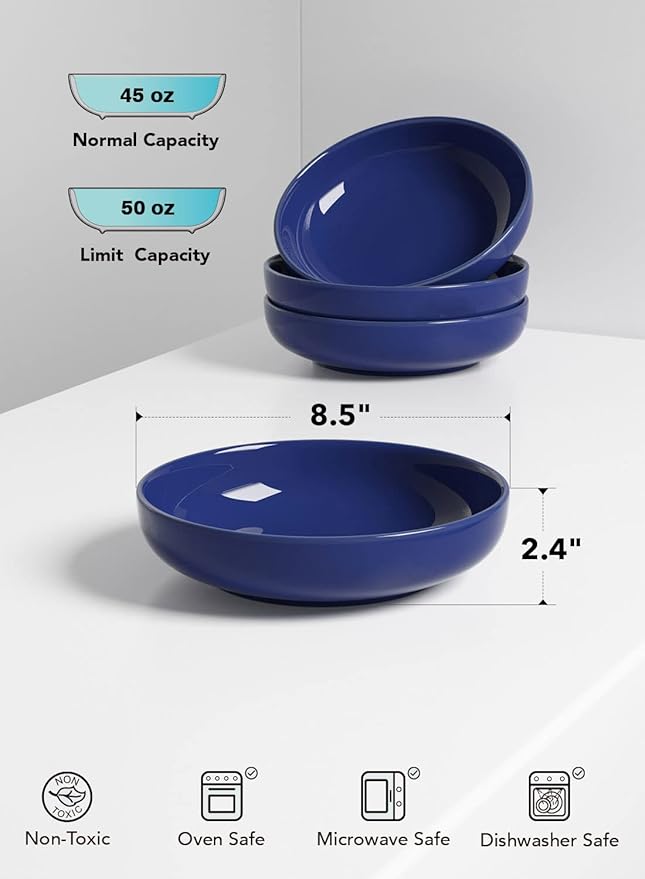LE TAUCI Pasta Bowls 45 oz, Salad Bowls Set for Serving Soup, Pasta, Noodle, Dinner, Large Kitchen Bowl Plates, Microwave Safe - 8.5 Inch, Set of 4, Blue - Image 5