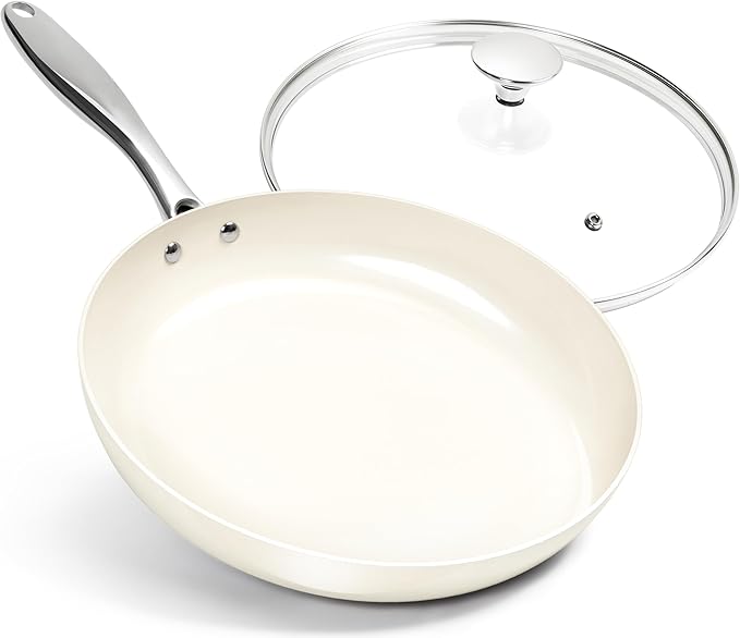 MICHELANGELO 12 Inch Frying Pan with Lid, Large Nonstick Skillet with Ergonomic Handle, Non-Toxic Ceramic Fry Pan, Oven-Safe, White by Michelangelo