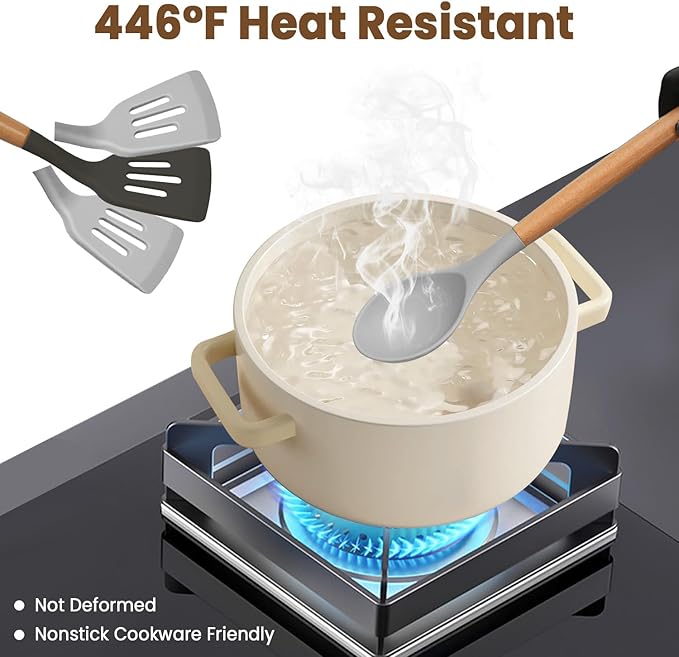 Kitchen Utensils Set - 12 Pcs Silicone Cooking Utensils Set with Wooden Handle - Heat Resistant Non-Stick BPA Free Spatula Set,Turner, Spoon, Brush, Silicone Kitchen Gadgets Utensil Set - Image 5