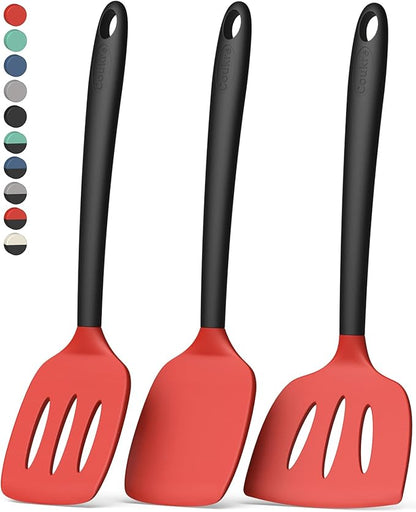 Coukre 3 Pack Silicone Spatula Set, High Heat Resistant, BPA-Free, Fish Spatula, Solid & Slotted Turner for Non-Stick Pans, Flipping Eggs, Pancakes, Fish, Burgers (3, RedBlack) by Coukre