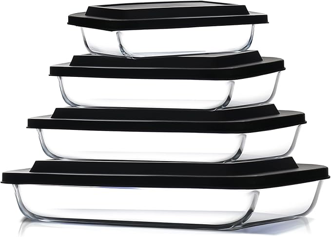 EATEX 8-Piece Deep Glass Casserole Dishes for Oven with Plastic Lids, Glass Baking Dishes for Oven, Rectangular Bakeware for Lasagna, Cooking, Leftovers, Kitchen, Freezer to Oven Dishwasher Safe by Eatex
