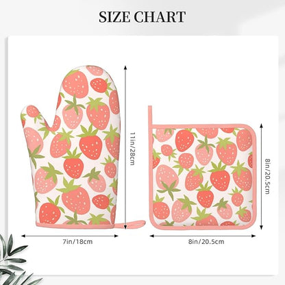 Strawberry Silicone Oven Mitts Pan Mats Set of 2, Heat Resistant Gloves Potholder with Non-Slip Grips Hanging Loops Pot Holder, Spring Summer for Chef Cooking, Baking, Grilling, BBQ