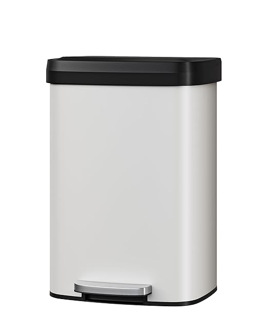 Garvee 13 gal / 50 L Metal Trash Can with Lid, Large Garbage Can for Kitchen, Rustproof Step-on Kitchen Metal Trash Bin with Liner Rim, Rear Handle, Soft Close Plastic Lid, White by Garvee