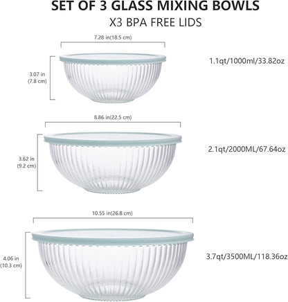 Luvan Glass Mixing Bowls with Lids Set(3.7QT, 2.1QT, 1.1QT),3PC Glass Nesting Bowl, Large Salad Bowls Sets with lids,Clear Cooking Bowl for Kitchen Prep,Food Storage,Baking,Microwave and Oven Safe - Image 2